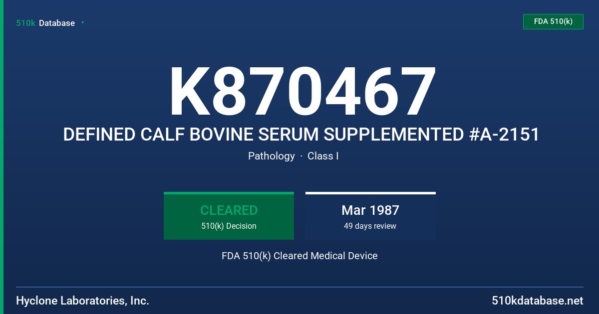 K870467 DEFINED CALF BOVINE SERUM SUPPLEMENTED #A-2151 FDA 510(k) Cleared Medical Device