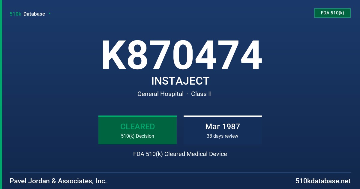 K870474 INSTAJECT FDA 510(k) Cleared Medical Device