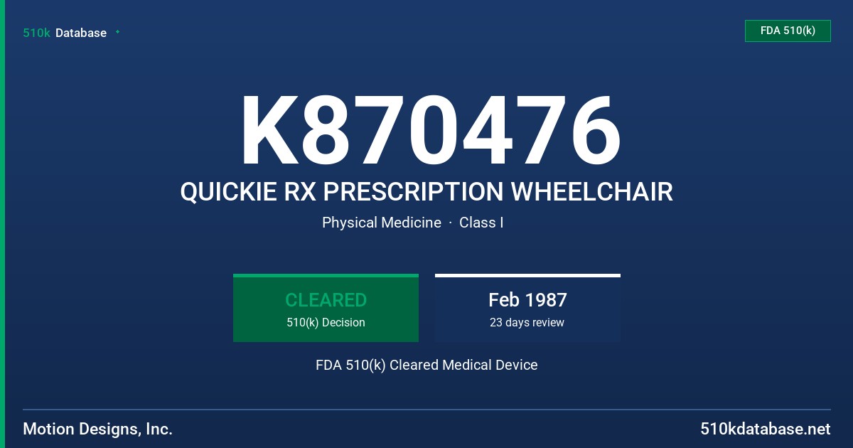 K870476 QUICKIE RX PRESCRIPTION WHEELCHAIR FDA 510(k) Cleared Medical Device