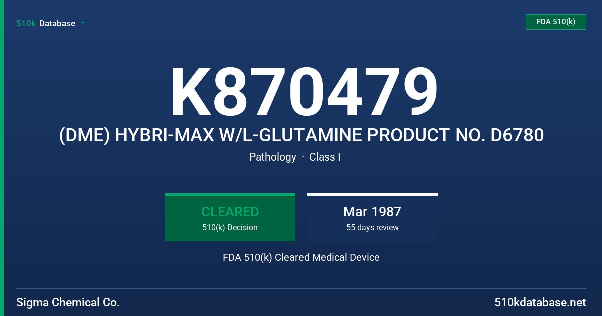 K870479 (DME) HYBRI-MAX W/L-GLUTAMINE PRODUCT NO. D6780 FDA 510(k) Cleared Medical Device