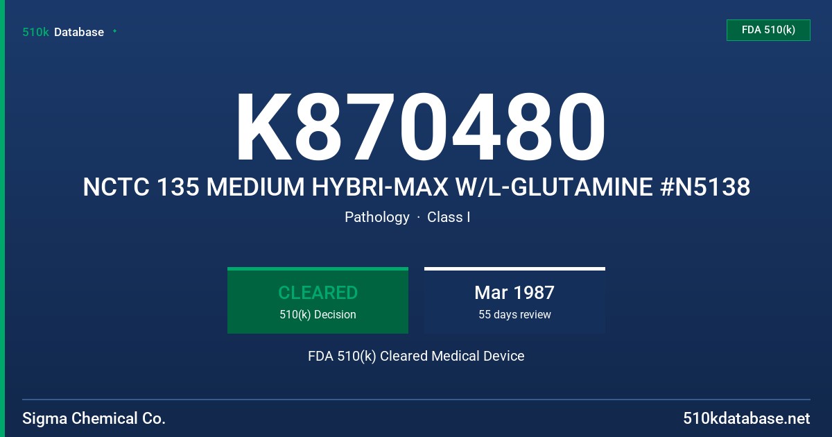 K870480 NCTC 135 MEDIUM HYBRI-MAX W/L-GLUTAMINE #N5138 FDA 510(k) Cleared Medical Device