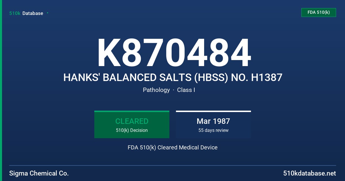 K870484 HANKS' BALANCED SALTS (HBSS) NO. H1387 FDA 510(k) Cleared Medical Device
