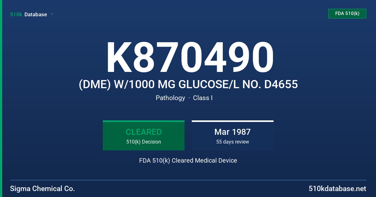 K870490 (DME) W/1000 MG GLUCOSE/L NO. D4655 FDA 510(k) Cleared Medical Device