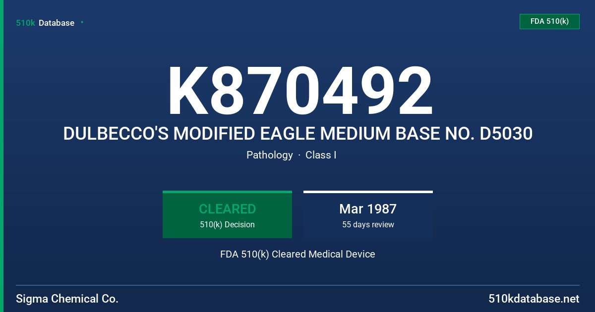 K870492 DULBECCO'S MODIFIED EAGLE MEDIUM BASE NO. D5030 FDA 510(k) Cleared Medical Device