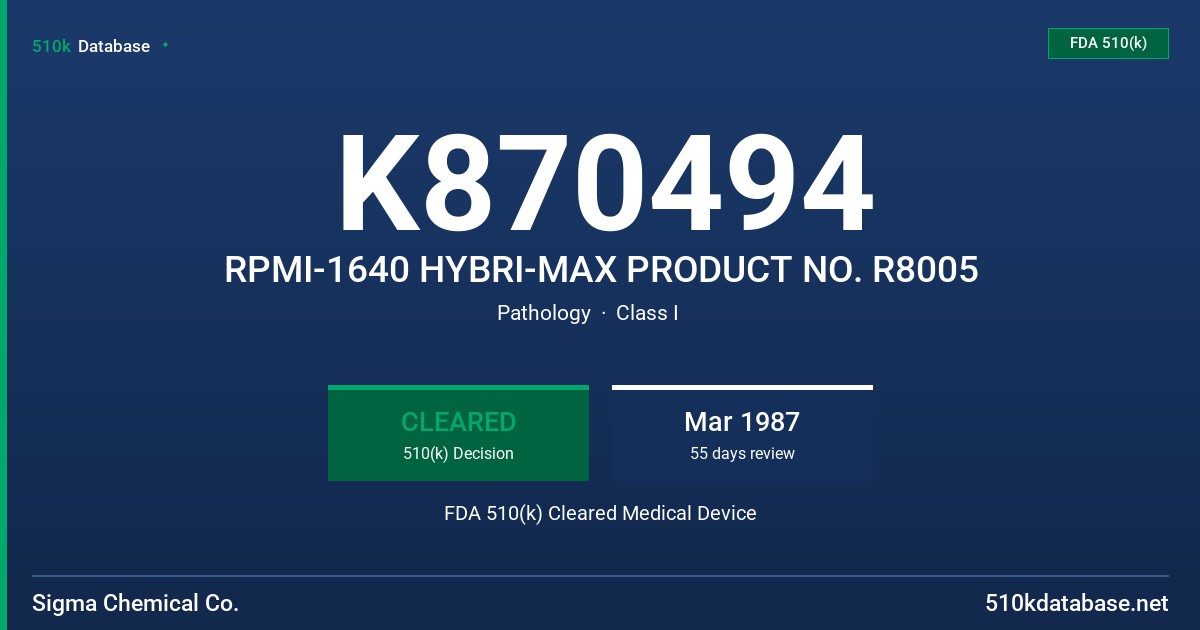 K870494 RPMI-1640 HYBRI-MAX PRODUCT NO. R8005 FDA 510(k) Cleared Medical Device