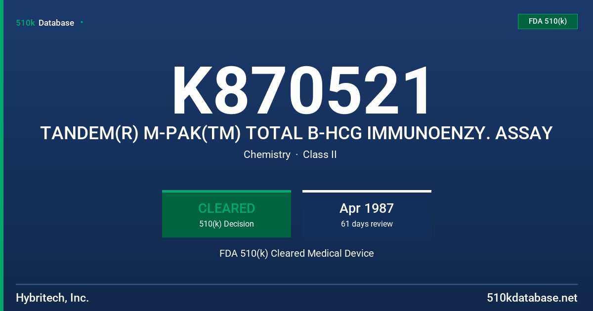K870521 TANDEM(R) M-PAK(TM) TOTAL B-HCG IMMUNOENZY. ASSAY FDA 510(k) Cleared Medical Device