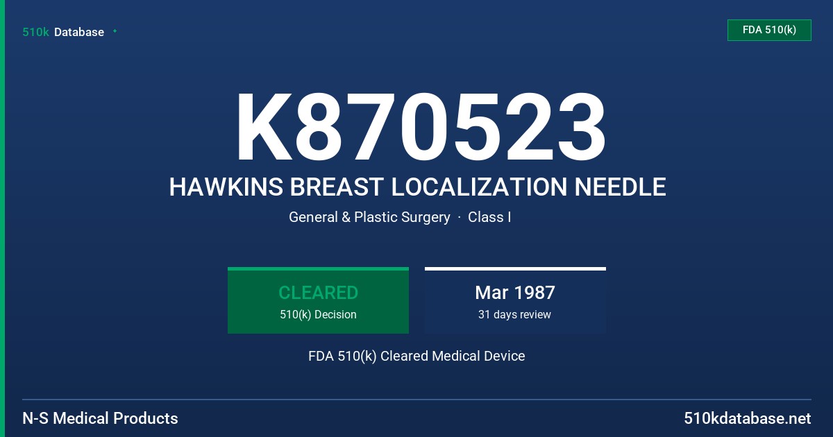 K870523 HAWKINS BREAST LOCALIZATION NEEDLE FDA 510(k) Cleared Medical Device