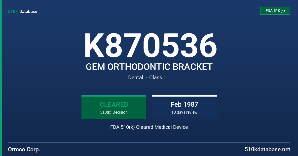 K870536 GEM ORTHODONTIC BRACKET FDA 510(k) Cleared Medical Device