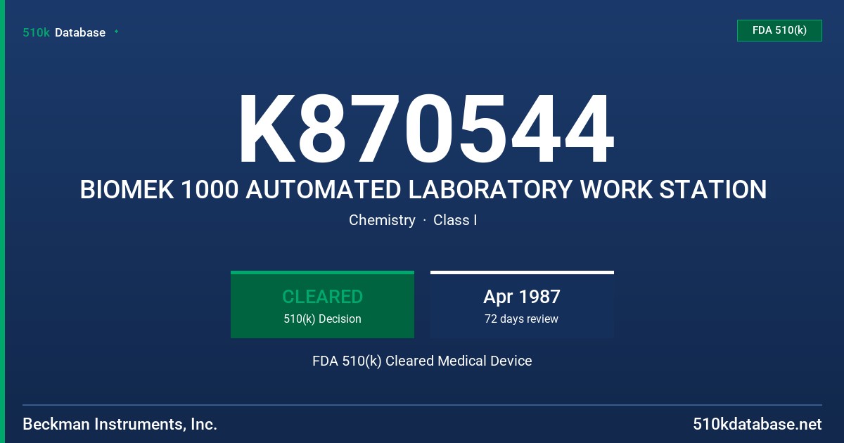 K870544 BIOMEK 1000 AUTOMATED LABORATORY WORK STATION FDA 510(k) Cleared Medical Device