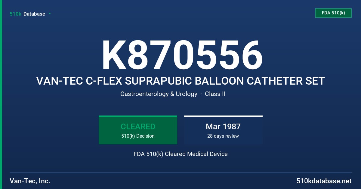 K870556 VAN-TEC C-FLEX SUPRAPUBIC BALLOON CATHETER SET FDA 510(k) Cleared Medical Device