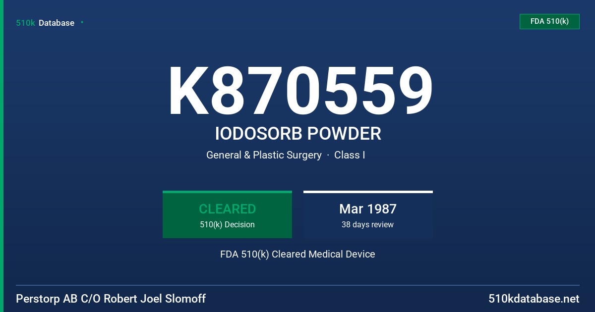 K870559 IODOSORB POWDER FDA 510(k) Cleared Medical Device