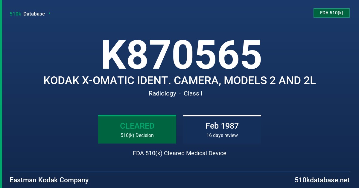 K870565 KODAK X-OMATIC IDENT. CAMERA, MODELS 2 AND 2L FDA 510(k) Cleared Medical Device
