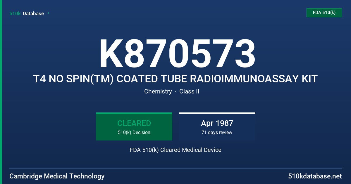 K870573 T4 NO SPIN(TM) COATED TUBE RADIOIMMUNOASSAY KIT FDA 510(k) Cleared Medical Device