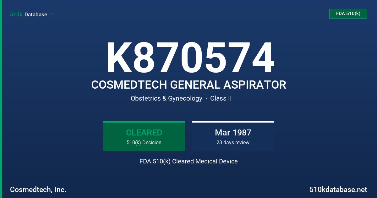 K870574 COSMEDTECH GENERAL ASPIRATOR FDA 510(k) Cleared Medical Device