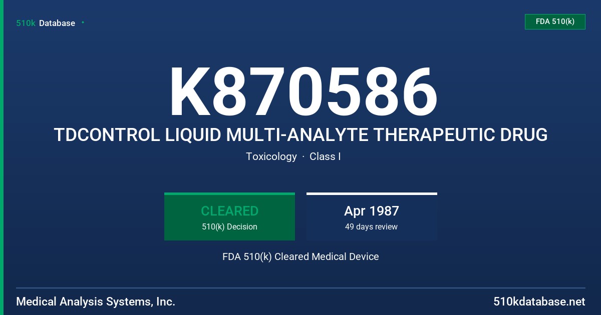 K870586 TDCONTROL LIQUID MULTI-ANALYTE THERAPEUTIC DRUG FDA 510(k) Cleared Medical Device