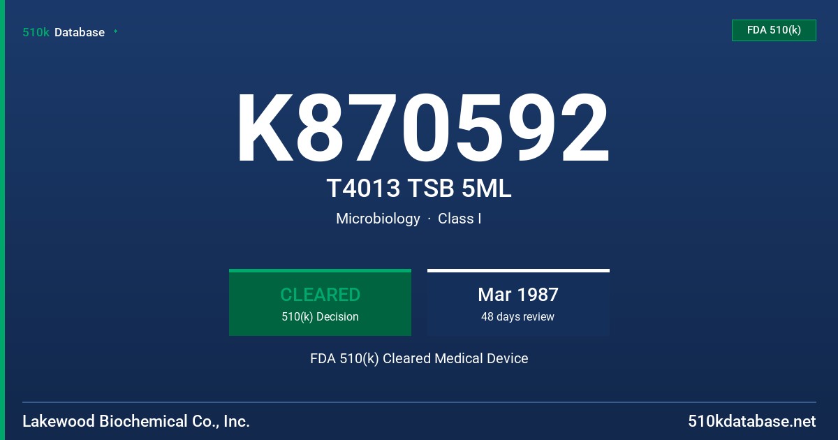 K870592 T4013 TSB 5ML FDA 510(k) Cleared Medical Device