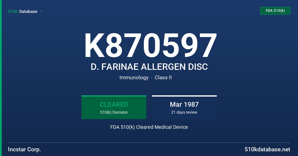 K870597 D. FARINAE ALLERGEN DISC FDA 510(k) Cleared Medical Device