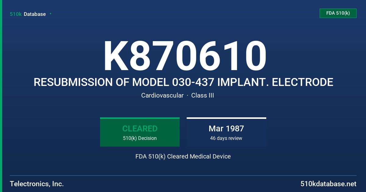 K870610 RESUBMISSION OF MODEL 030-437 IMPLANT. ELECTRODE FDA 510(k) Cleared Medical Device