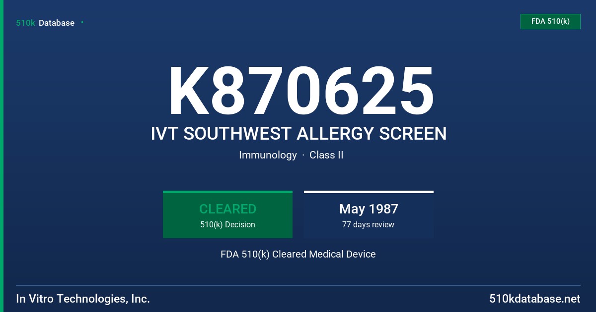 K870625 IVT SOUTHWEST ALLERGY SCREEN FDA 510(k) Cleared Medical Device
