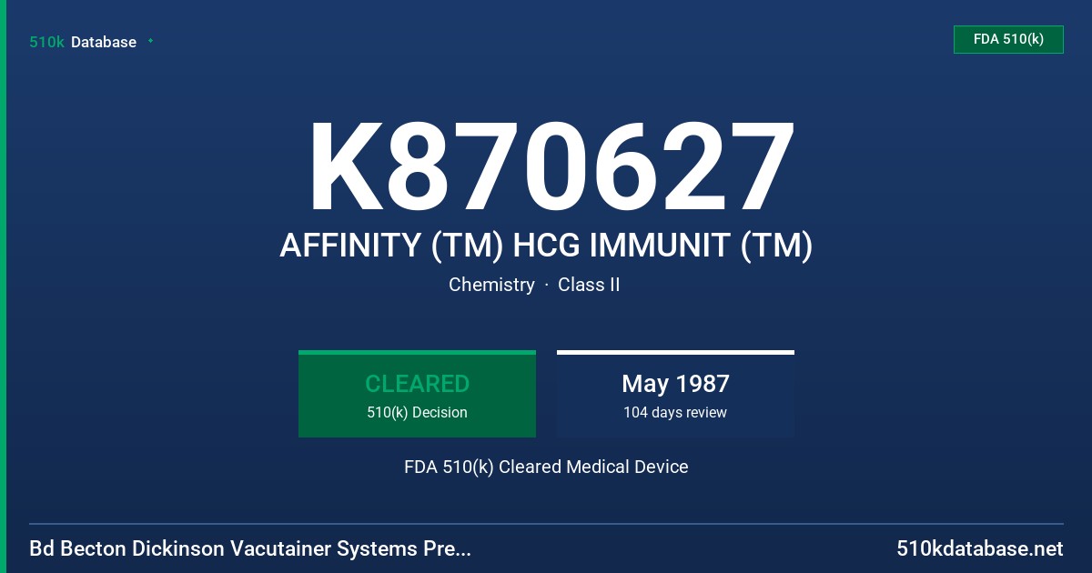 K870627 AFFINITY (TM) HCG IMMUNIT (TM) FDA 510(k) Cleared Medical Device