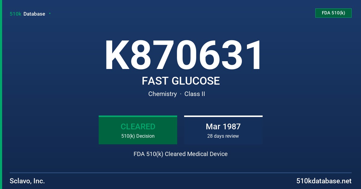 K870631 FAST GLUCOSE FDA 510(k) Cleared Medical Device