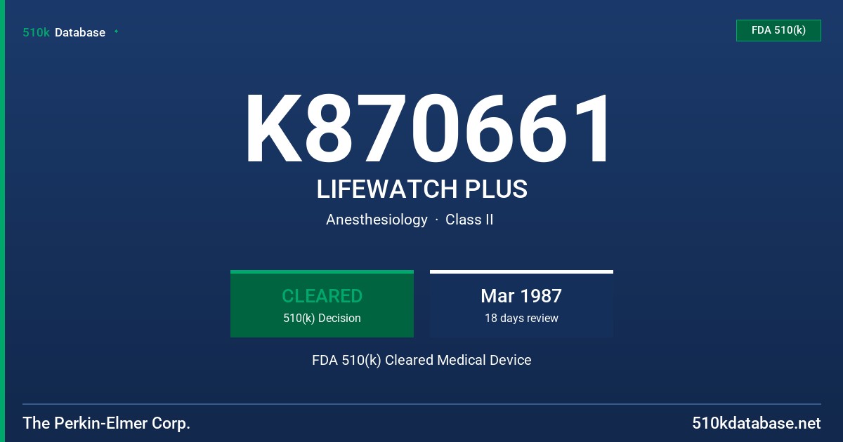 K870661 LIFEWATCH PLUS FDA 510(k) Cleared Medical Device