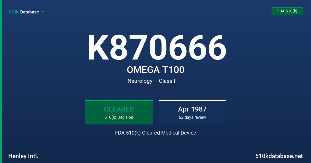 K870666 OMEGA T100 FDA 510(k) Cleared Medical Device