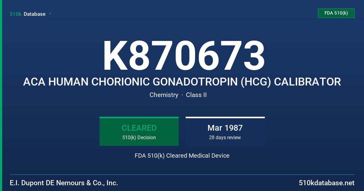 K870673 ACA HUMAN CHORIONIC GONADOTROPIN (HCG) CALIBRATOR FDA 510(k) Cleared Medical Device