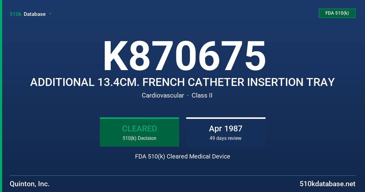 K870675 ADDITIONAL 13.4CM. FRENCH CATHETER INSERTION TRAY FDA 510(k) Cleared Medical Device