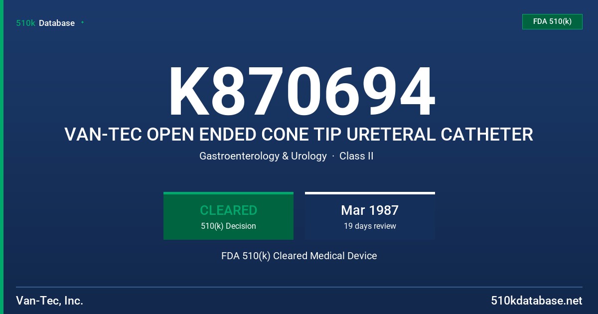 K870694 VAN-TEC OPEN ENDED CONE TIP URETERAL CATHETER FDA 510(k) Cleared Medical Device