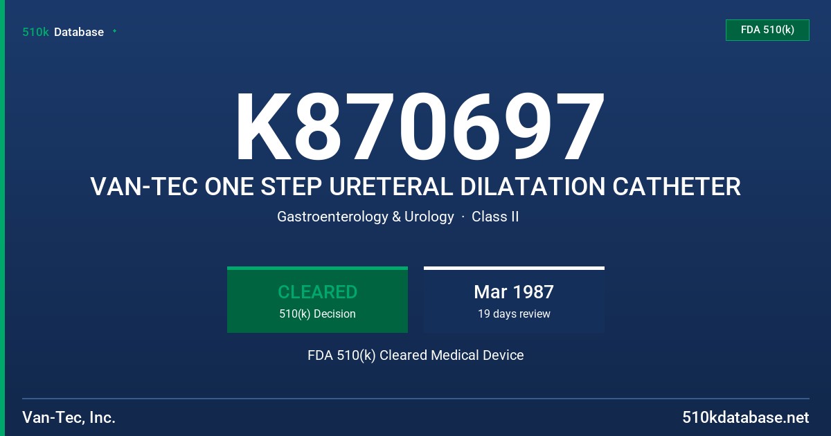 K870697 VAN-TEC ONE STEP URETERAL DILATATION CATHETER FDA 510(k) Cleared Medical Device