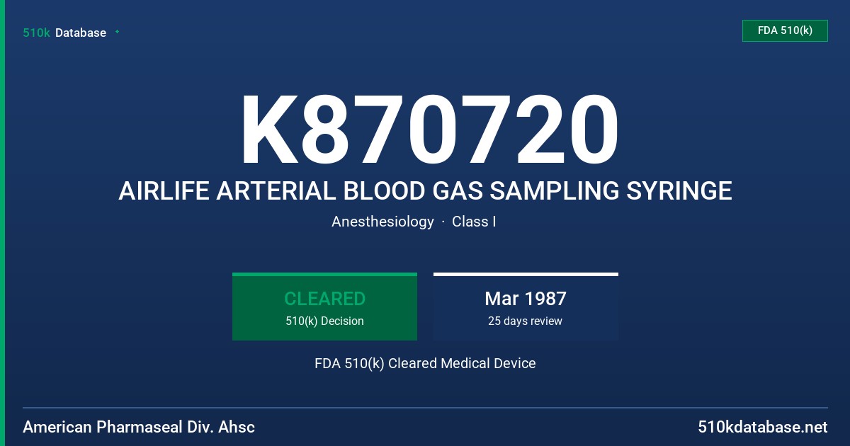 K870720 AIRLIFE ARTERIAL BLOOD GAS SAMPLING SYRINGE FDA 510(k) Cleared Medical Device