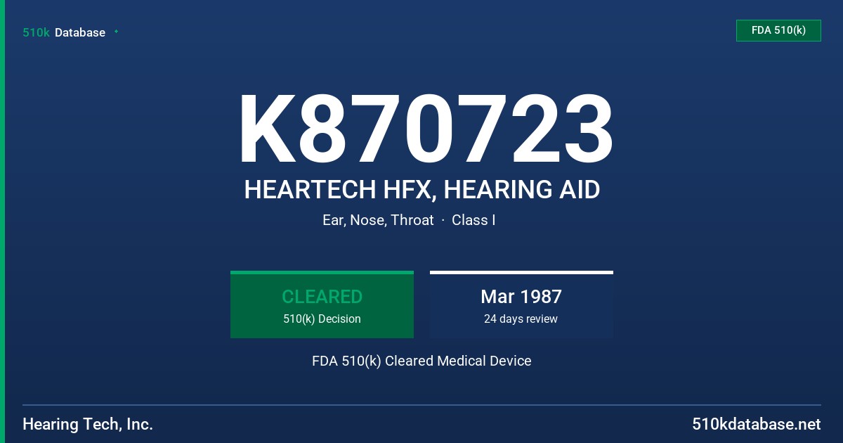 K870723 HEARTECH HFX, HEARING AID FDA 510(k) Cleared Medical Device