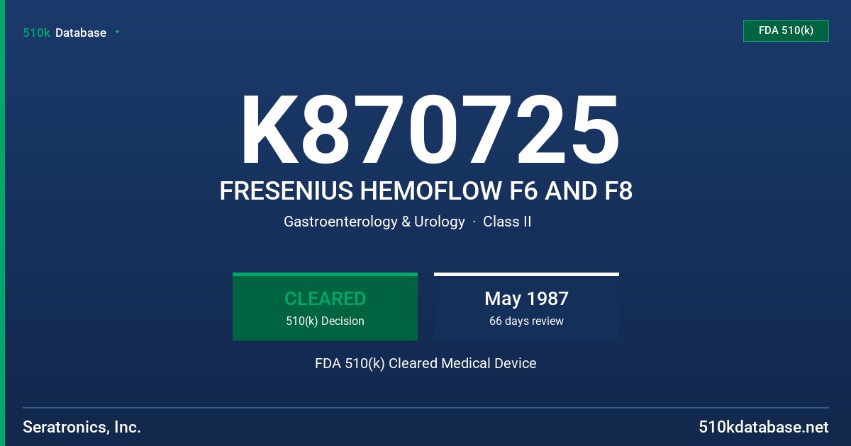 K870725 FRESENIUS HEMOFLOW F6 AND F8 FDA 510(k) Cleared Medical Device