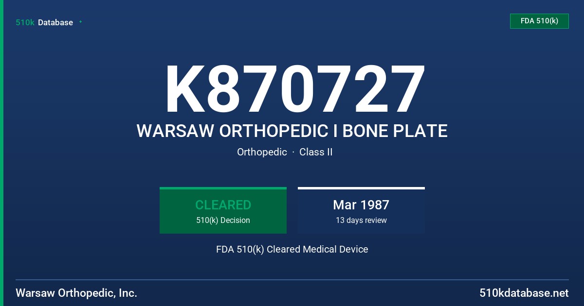 K870727 WARSAW ORTHOPEDIC I BONE PLATE FDA 510(k) Cleared Medical Device