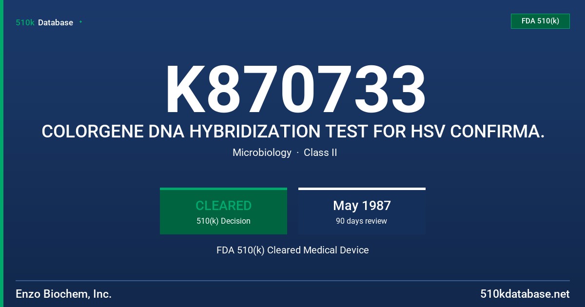 K870733 COLORGENE DNA HYBRIDIZATION TEST FOR HSV CONFIRMA. FDA 510(k) Cleared Medical Device