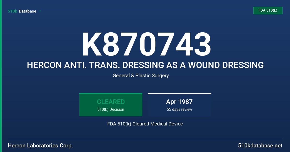 K870743 HERCON ANTI. TRANS. DRESSING AS A WOUND DRESSING FDA 510(k) Cleared Medical Device