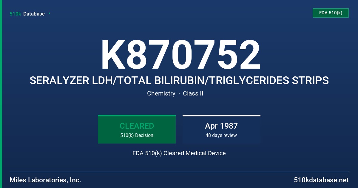K870752 SERALYZER LDH/TOTAL BILIRUBIN/TRIGLYCERIDES STRIPS FDA 510(k) Cleared Medical Device