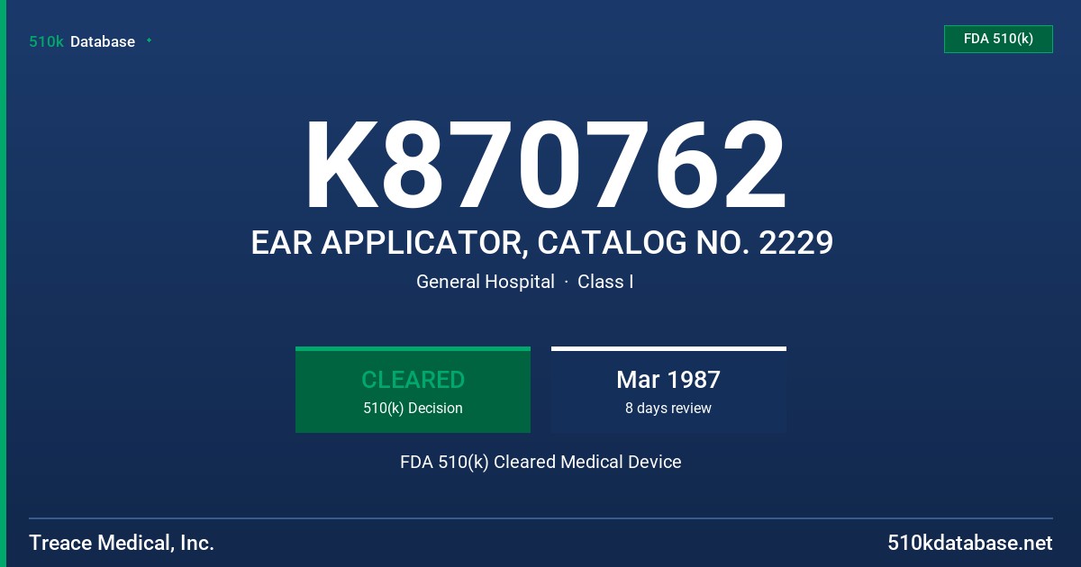K870762 EAR APPLICATOR, CATALOG NO. 2229 FDA 510(k) Cleared Medical Device