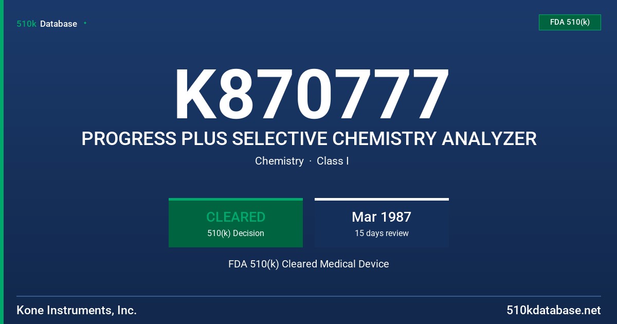 K870777 PROGRESS PLUS SELECTIVE CHEMISTRY ANALYZER FDA 510(k) Cleared Medical Device