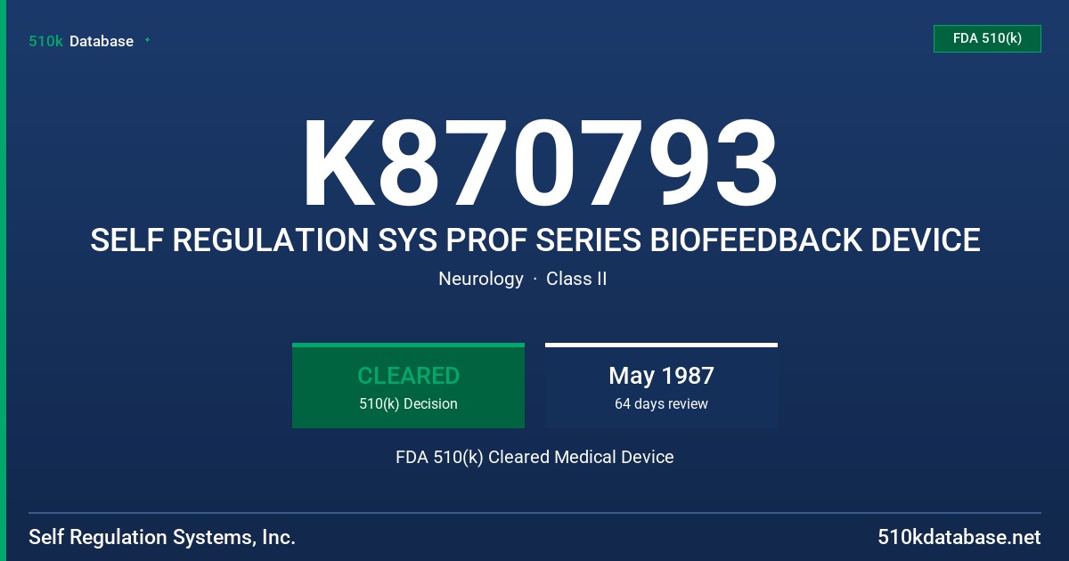 K870793 SELF REGULATION SYS PROF SERIES BIOFEEDBACK DEVICE FDA 510(k) Cleared Medical Device