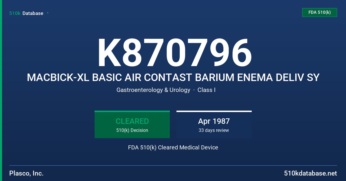 K870796 MACBICK-XL BASIC AIR CONTAST BARIUM ENEMA DELIV SY FDA 510(k) Cleared Medical Device
