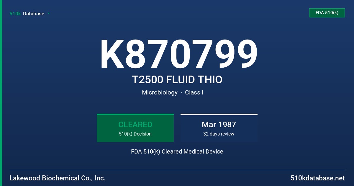 K870799 T2500 FLUID THIO FDA 510(k) Cleared Medical Device