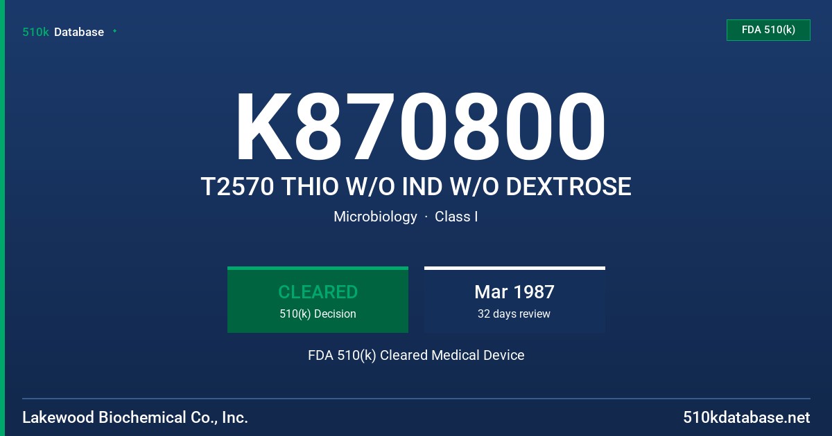 K870800 T2570 THIO W/O IND W/O DEXTROSE FDA 510(k) Cleared Medical Device