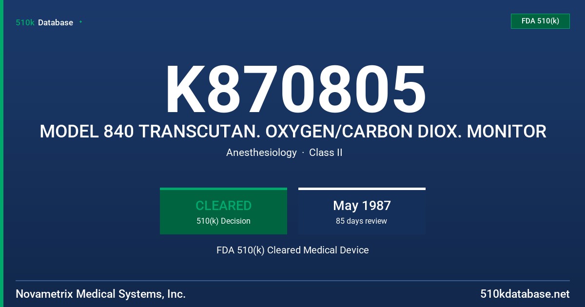 K870805 MODEL 840 TRANSCUTAN. OXYGEN/CARBON DIOX. MONITOR FDA 510(k) Cleared Medical Device