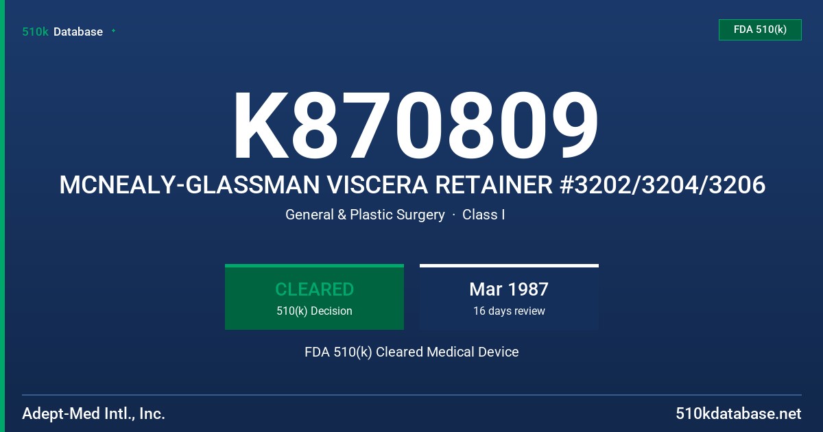 K870809 MCNEALY-GLASSMAN VISCERA RETAINER #3202/3204/3206 FDA 510(k) Cleared Medical Device