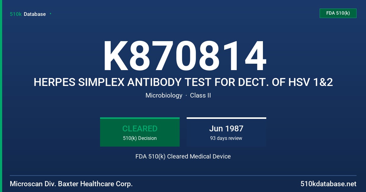 K870814 HERPES SIMPLEX ANTIBODY TEST FOR DECT. OF HSV 1&2 FDA 510(k) Cleared Medical Device