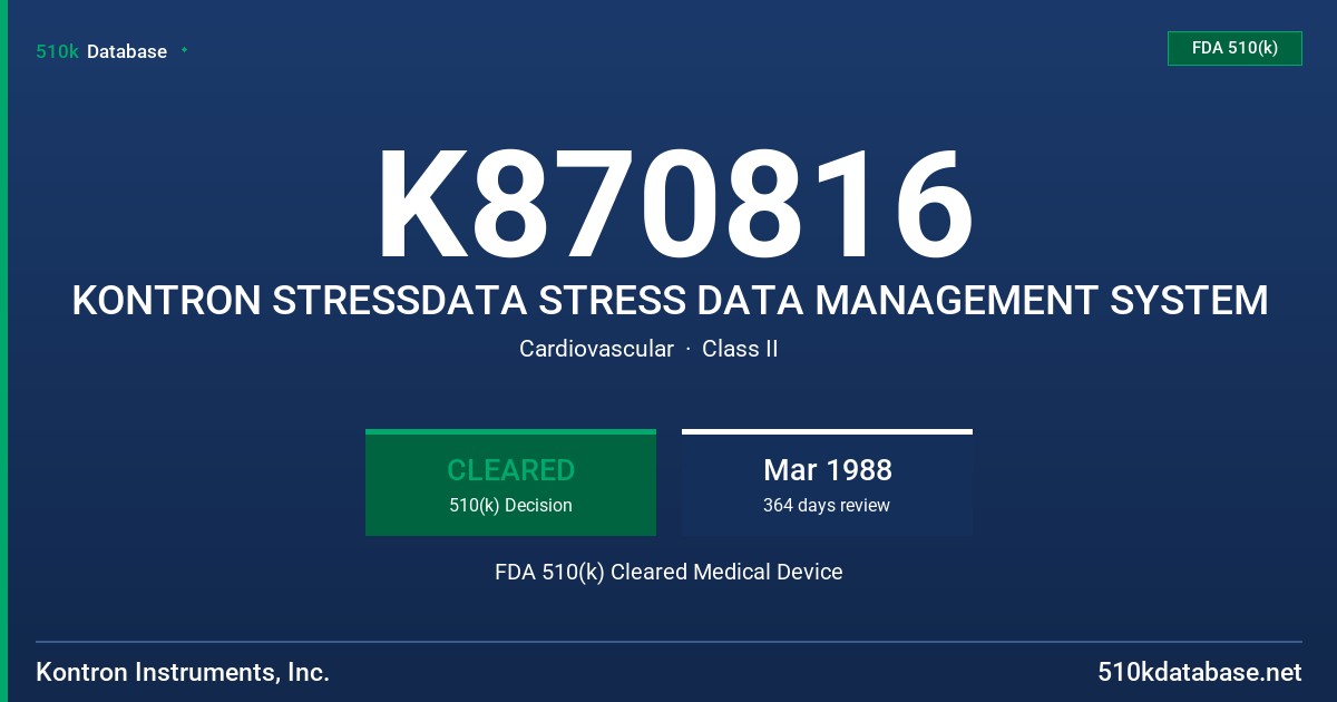 K870816 KONTRON STRESSDATA STRESS DATA MANAGEMENT SYSTEM FDA 510(k) Cleared Medical Device