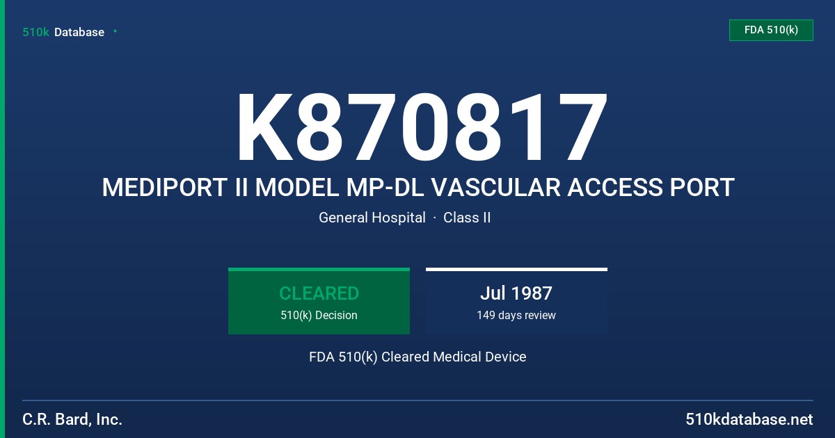 K870817 MEDIPORT II MODEL MP-DL VASCULAR ACCESS PORT FDA 510(k) Cleared Medical Device