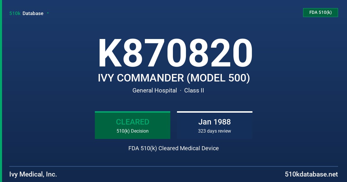 K870820 IVY COMMANDER (MODEL 500) FDA 510(k) Cleared Medical Device